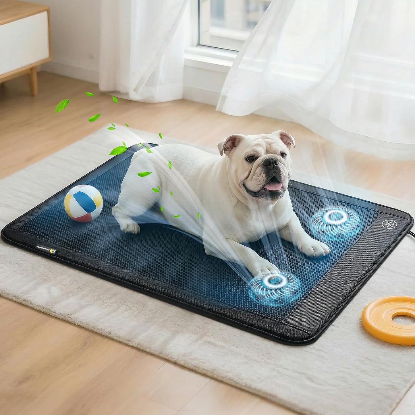 Electric Dog Cooling Mat, 30"x24" Pet Cooling Mat Indoor with Fan for Dogs and Cats, 3 Cooling Levels, Non-Slip Chill Pad for Dogs & Cats from 22–55 lbs, No Water or Refrigeration Needed