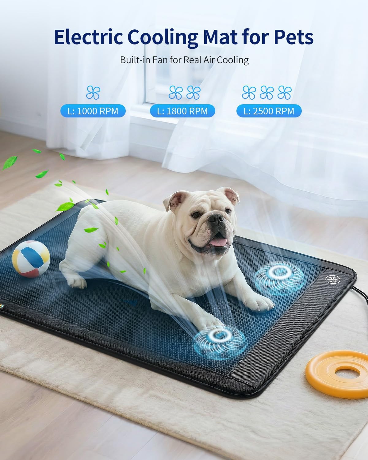 Electric Dog Cooling Mat, 30"x24" Pet Cooling Mat Indoor with Fan for Dogs and Cats, 3 Cooling Levels, Non-Slip Chill Pad for Dogs & Cats from 22–55 lbs, No Water or Refrigeration Needed